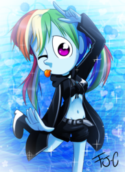Size: 800x1100 | Tagged: safe, artist:fj-c, rainbow dash, equestria girls, g4, adorkable, anime, belly button, black rock shooter, clothes, cosplay, costume, cute, dork, female, loser, midriff, solo, tongue out