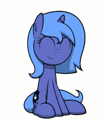 Size: 458x531 | Tagged: safe, artist:zacatron94, princess luna, animated, cute, eyes closed, female, filly, headbob, lunabetes, s1 luna, simple background, sitting, smiling, solo, woona