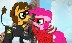 Size: 2696x1616 | Tagged: safe, artist:azula6sun6g, cheese sandwich, pinkie pie, earth pony, pony, g4, chat noir, clothes, costume, eiffel tower, female, france, ladybug (miraculous ladybug), male, mare, miraculous ladybug, paris, ship:cheesepie, shipping, stallion, straight