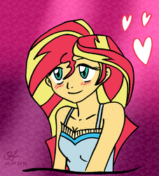 Size: 1600x1759 | Tagged: dead source, safe, artist:owlisun, sunset shimmer, equestria girls, g4, blushing, cute, female, freckles, heart, peppered bacon, smiling, solo, traditional art