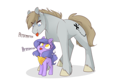 Size: 1280x854 | Tagged: safe, artist:lolepopenon, oc, oc only, oc:billie, oc:jace, pony, bandana, duo, father and daughter, female, filly, onomatopoeia, raspberry, raspberry noise, simple background, tongue out, transparent background