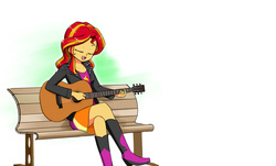 Size: 1780x1072 | Tagged: safe, artist:twilite-sparkleplz, sunset shimmer, equestria girls, g4, bench, boots, clothes, crossed legs, eyes closed, female, guitar, jacket, leather, leather jacket, simple background, skirt, solo, white background