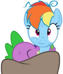 Size: 1239x1450 | Tagged: safe, artist:knight725, edit, hundreds of users filter this tag, vector edit, rainbow dash, spike, dragon, pegasus, pony, g4, bed, blanket, bruised, cuddling, cute, dashabetes, eyes closed, female, hug, interspecies, love, male, messy mane, ship:rainbowspike, shipping, show accurate, simple background, snuggling, spikabetes, straight, transparent background, vector