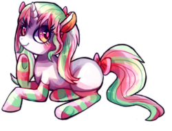 Size: 1280x978 | Tagged: safe, artist:cherivinca, oc, oc only, clothes, socks, solo, striped socks, tail bow