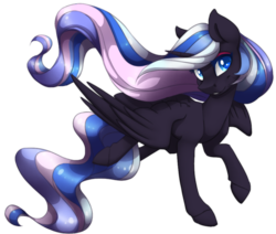 Size: 942x800 | Tagged: safe, artist:silentwulv, oc, oc only, oc:nightmare mist, alicorn, pony, alicorn oc, female, flying, horn, mare, solo, wings