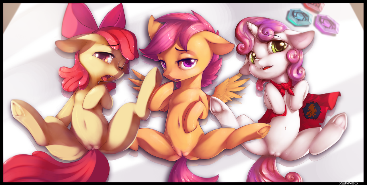 artist:xennos, apple bloom, scootaloo, sweetie belle, pony, belly button, c...