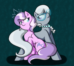 Size: 634x564 | Tagged: safe, artist:alazak, diamond tiara, silver spoon, g4, abstract background, duo, full body, looking at each other, looking at someone, raised hoof, side by side, side view, sitting, standing