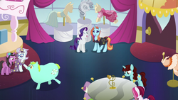 Size: 1280x720 | Tagged: safe, screencap, cayenne, lily love, north point, rarity, sassy saddles, say cheese, whoa nelly, pony, unicorn, canterlot boutique, g4, background pony, canterlot carousel, female, mare