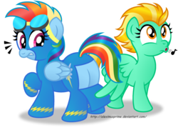 Size: 1024x747 | Tagged: safe, artist:aleximusprime, lightning dust, rainbow dash, pegasus, pony, g4, assisted exposure, butt, butt flap, plot, simple background, transparent background, whistling, wing hands, wonderbolts uniform