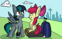Size: 1280x800 | Tagged: safe, artist:tjpones, apple bloom, oc, oc:blackgryph0n, pegasus, pony, g4, bracelet, city, cute, eyes closed, fluffy, grin, jewelry, luggage, sitting, smiling, spread wings, suitcase