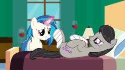 Size: 480x270 | Tagged: safe, artist:agrol, dj pon-3, octavia melody, vinyl scratch, pony, g4, alcohol, animated, bed, cellphone, female, glass, glowing horn, horn, hospital, hospital bed, injured, lamp, loop, magic, on back, phone, pillow, unamused, window, wine, youtube link