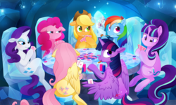 Size: 1650x990 | Tagged: safe, artist:aidapone, applejack, fluttershy, pinkie pie, rainbow dash, rarity, starlight glimmer, twilight sparkle, alicorn, pony, g4, :t, bedroom eyes, bubble, bubble pipe, card, chair, cheating, cigar, crystal empire, dogs playing poker, female, floppy ears, frown, glare, grin, hoof hold, horseshoes, looking away, looking back, mane six, mare, playing, poker, raised eyebrow, sitting, smiling, smirk, smoking, twilight sparkle (alicorn)