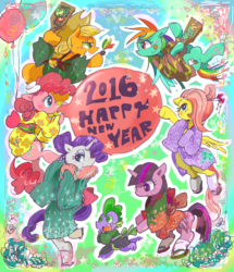 Size: 3584x4168 | Tagged: safe, artist:osawari64, applejack, fluttershy, pinkie pie, rainbow dash, rarity, spike, twilight sparkle, alicorn, pony, g4, 2016, balloon, blowing up balloons, chinese new year, female, happy new year, mane seven, mane six, mare, new year, pixiv, twilight sparkle (alicorn)