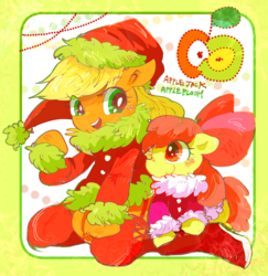 Size: 1656x1704 | Tagged: dead source, safe, artist:osawari64, apple bloom, applejack, earth pony, pony, g4, apple sisters, christmas, clothes, costume, duo, duo female, eye clipping through hair, eyebrows, eyebrows visible through hair, female, hat, holiday, jacket, looking at each other, one eye closed, open mouth, open smile, santa costume, santa hat, siblings, sisters, smiling, smiling at each other, winter outfit