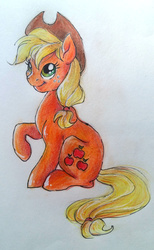 Size: 2245x3645 | Tagged: safe, artist:buttersprinkle, applejack, earth pony, pony, g4, cute, female, high res, jackabetes, raised hoof, simple background, sitting, smiling, solo, traditional art, white background