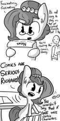 Size: 726x1452 | Tagged: safe, artist:tjpones, oc, oc only, oc:brownie bun, oc:richard, earth pony, human, pony, horse wife, comic, cute, fourth wall, glasses, grayscale, hypocritical humor, irony, leaning on the fourth wall, monochrome, newspaper, reading