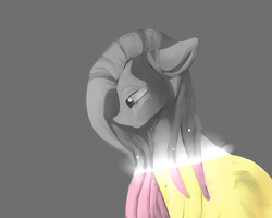 Size: 2500x2000 | Tagged: safe, artist:darkreimbow97, fluttershy, g4, color loss, crying, female, gray background, high res, looking down, partial color, profile, simple background, sitting, solo