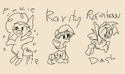 Size: 2160x1280 | Tagged: safe, artist:tjpones, pinkie pie, rainbow dash, rarity, pony, g4, black and white, doodle, grayscale, monochrome, pink background, simple background, stylistic suck
