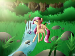 Size: 647x485 | Tagged: safe, artist:neonevening, fluttershy, butterfly, g4, crepuscular rays, female, filly, foal, forest, looking up, river, solo, stone, stream, sunlight