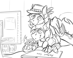 Size: 1280x1007 | Tagged: safe, artist:ralek, oc, oc only, oc:gabriel titanfeather, oc:hard cider, oc:patches, pegasus, pony, computer mouse, cute, explicit source, gaming, hat, monitor, snuggling