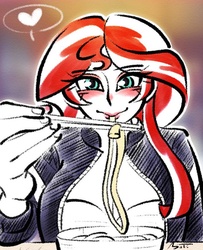 Size: 650x800 | Tagged: safe, artist:mojot, sunset shimmer, equestria girls, g4, blushing, breasts, busty sunset shimmer, chopsticks, daily sunset, eating, female, food, heart, noodles, pictogram, ramen, solo, speech bubble