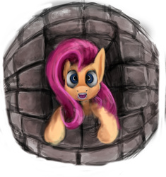 Size: 6000x6378 | Tagged: safe, artist:bluespiritofgood, fluttershy, pony, g4, absurd resolution, bust, female, front view, full face view, gasp, looking at you, mare, solo, stone wall, window