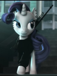 Size: 832x1096 | Tagged: safe, artist:skyofffrunki, rarity, pony, unicorn, g4, 3d, building, clothes, ear piercing, female, gun, hooves, horn, mare, optical sight, piercing, rifle, sniper rifle, solo, source filmmaker, weapon