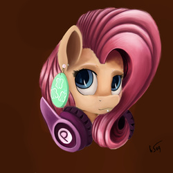 Size: 6000x6000 | Tagged: safe, artist:bluespiritofgood, fluttershy, g4, absurd resolution, cutie mark, earring, female, headphones, lip piercing, looking at you, piercing, portrait, simple background, solo