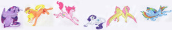 Size: 17798x3146 | Tagged: safe, artist:dawn22eagle, applejack, fluttershy, pinkie pie, rainbow dash, rarity, twilight sparkle, alicorn, classical unicorn, earth pony, pegasus, pony, unicorn, g4, absurd resolution, bucking, colored wings, design, flying, headcanon, height difference, horn, jumping, leonine tail, lying down, mane six, multicolored wings, rainbow feathers, rainbow wings, sitting, spread wings, tail feathers, tongue out, traditional art, twilight sparkle (alicorn), wings