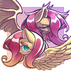 Size: 3000x3000 | Tagged: safe, artist:kaikoinu, fluttershy, bat pony, pony, g4, abstract background, bust, duality, flutterbat, hair over one eye, high res, portrait, spread wings, wings