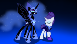 Size: 2800x1600 | Tagged: safe, artist:geraritydevillefort, nightmare moon, rarity, g4, the cutie re-mark, clothes, night maid rarity