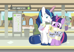 Size: 1200x840 | Tagged: safe, artist:dm29, caramel, coco pommel, shining armor, twilight sparkle, g4, bread, donut, duffle bag, duo, eating, food, lost, magic, map, telekinesis, train station