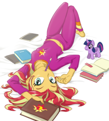 Size: 900x1000 | Tagged: safe, artist:ta-na, sunset shimmer, twilight sparkle, human, equestria girls, g4, barefoot, book, clip studio paint, clothes, cute, feet, female, looking at you, lying, midriff, mouth hold, on back, pajamas, pencil, plushie, shimmerbetes, simple background, solo, sunset shimmer's book, twilight sparkle (alicorn), white background