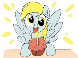 Size: 1350x1020 | Tagged: safe, artist:ta-na, derpy hooves, pegasus, pony, g4, candle, female, food, happy, mare, muffin, open mouth, solo, spread wings, tongue out