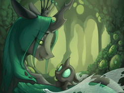 Size: 1432x1080 | Tagged: safe, artist:28gooddays, queen chrysalis, changeling, changeling queen, nymph, g4, changeling hive, cuddling, cute, cutealis, cuteling, duo focus, egg, female, floppy ears, frown, hive, leaning, lidded eyes, like mother like daughter, like parent like child, looking at each other, looking down, mommy chrissy, mother, mother and daughter, on side, open mouth, smiling, snuggling, sweet dreams fuel