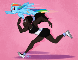 Size: 1920x1484 | Tagged: safe, artist:katseartist, rainbow dash, oc, human, g4, dark skin, racing, running, woman