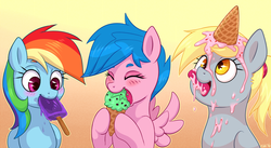 Size: 1376x754 | Tagged: safe, artist:sorcerushorserus, derpy hooves, firefly, rainbow dash, pegasus, pony, g1, g4, alternate hairstyle, cute, dashabetes, female, food, g1 to g4, generation leap, gradient background, ice cream, ice cream cone, licking, mare, melted, melted ice cream, messy eating, mint chocolate chip, ponytail, popsicle, tongue out, trio