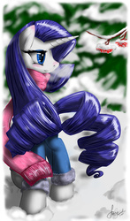 Size: 2000x3400 | Tagged: safe, artist:fairysearch, rarity, g4, blushing, breath, clothes, female, forest, high res, scarf, snow, solo, winter