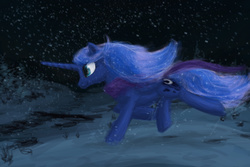 Size: 3000x2000 | Tagged: safe, artist:plotcore, princess luna, alicorn, pony, g4, clothes, female, high res, night, running, scarf, snow, snowfall, solo, winter