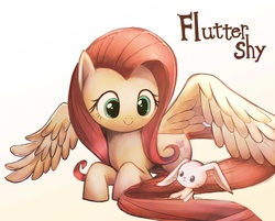 Size: 6164x4960 | Tagged: safe, artist:bronyraimu, angel bunny, fluttershy, pegasus, pony, g4, absurd resolution, c:, covering, duo, floppy ears, prone, smiling, spread wings, wings