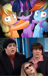 Size: 952x1520 | Tagged: safe, artist:fj-c, applejack, rainbow dash, twilight sparkle, alicorn, earth pony, human, pegasus, pony, g4, ashley blake, bipedal, drake & josh, drake bell, drake parker, frown, grin, hug, irl, irl human, josh nichols, josh peck, looking at you, parody, photo, raised eyebrow, skyler samuels, smiling, sunglasses, twilight sparkle (alicorn), weekend at bernie's, wide eyes