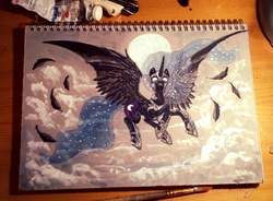 Size: 2490x1836 | Tagged: safe, artist:nelchonok, nightmare moon, g4, cloud, feather, female, flying, grin, moon, solo, traditional art