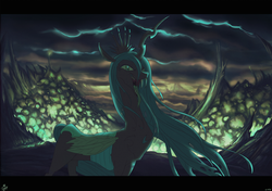 Size: 1273x898 | Tagged: safe, artist:jowyb, queen chrysalis, changeling, changeling queen, g4, fangs, female, hive, letterboxing, open mouth, solo, tongue out