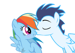 Size: 1279x901 | Tagged: safe, artist:sofialurax, rainbow dash, soarin', pony, g4, female, kissing, male, ship:soarindash, shipping, signature, simple background, sofialurax is trying to murder us, straight, white background