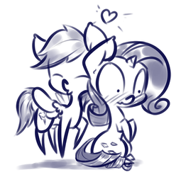 Size: 1195x1205 | Tagged: safe, artist:krucification, rainbow dash, rarity, pony, g4, 4chan, blushing, cute, duo, female, heart, lesbian, monochrome, ship:raridash, shipping