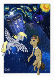 Size: 1280x1810 | Tagged: safe, artist:linaprime, derpy hooves, doctor whooves, princess luna, time turner, alicorn, earth pony, pegasus, pony, g4, 3d glasses, doctor who, female, glowing eyes, male, mare, necktie, space, stallion, starry night, tardis, the doctor, the starry night, vincent van gogh