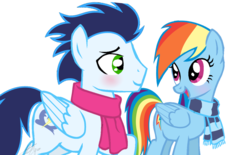 Size: 1024x635 | Tagged: safe, artist:sofialurax, rainbow dash, soarin', pony, g4, backwards cutie mark, clothes, female, male, scarf, ship:soarindash, shipping, simple background, sofialurax is trying to murder us, straight, transparent background