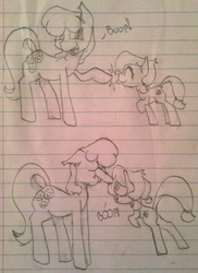Size: 865x1190 | Tagged: artist needed, safe, cheerilee, lily longsocks, earth pony, pony, g4, /mlp/, 4chan, boop, female, lined paper, mare, ouch, super strength, traditional art
