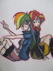 Size: 1024x1365 | Tagged: safe, artist:butaniku48, rainbow dash, sunset shimmer, equestria girls, g4, back to back, human coloration, humanized, sitting, traditional art