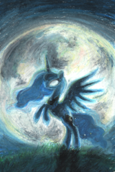 Size: 549x822 | Tagged: source needed, useless source url, safe, artist:buttersprinkle, princess luna, g4, female, moon, night, rearing, solo, traditional art